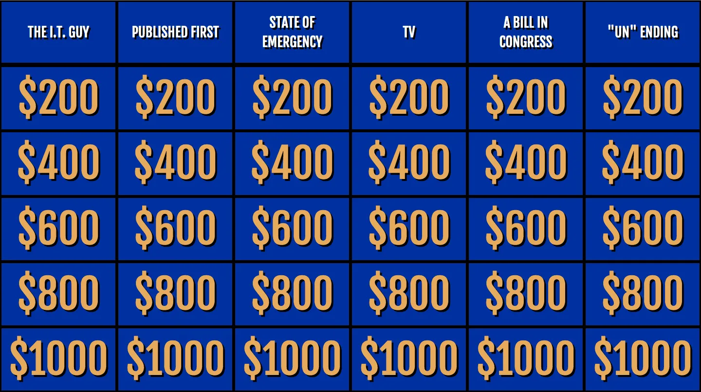 things with buzzers: The Jeopardy! game board.