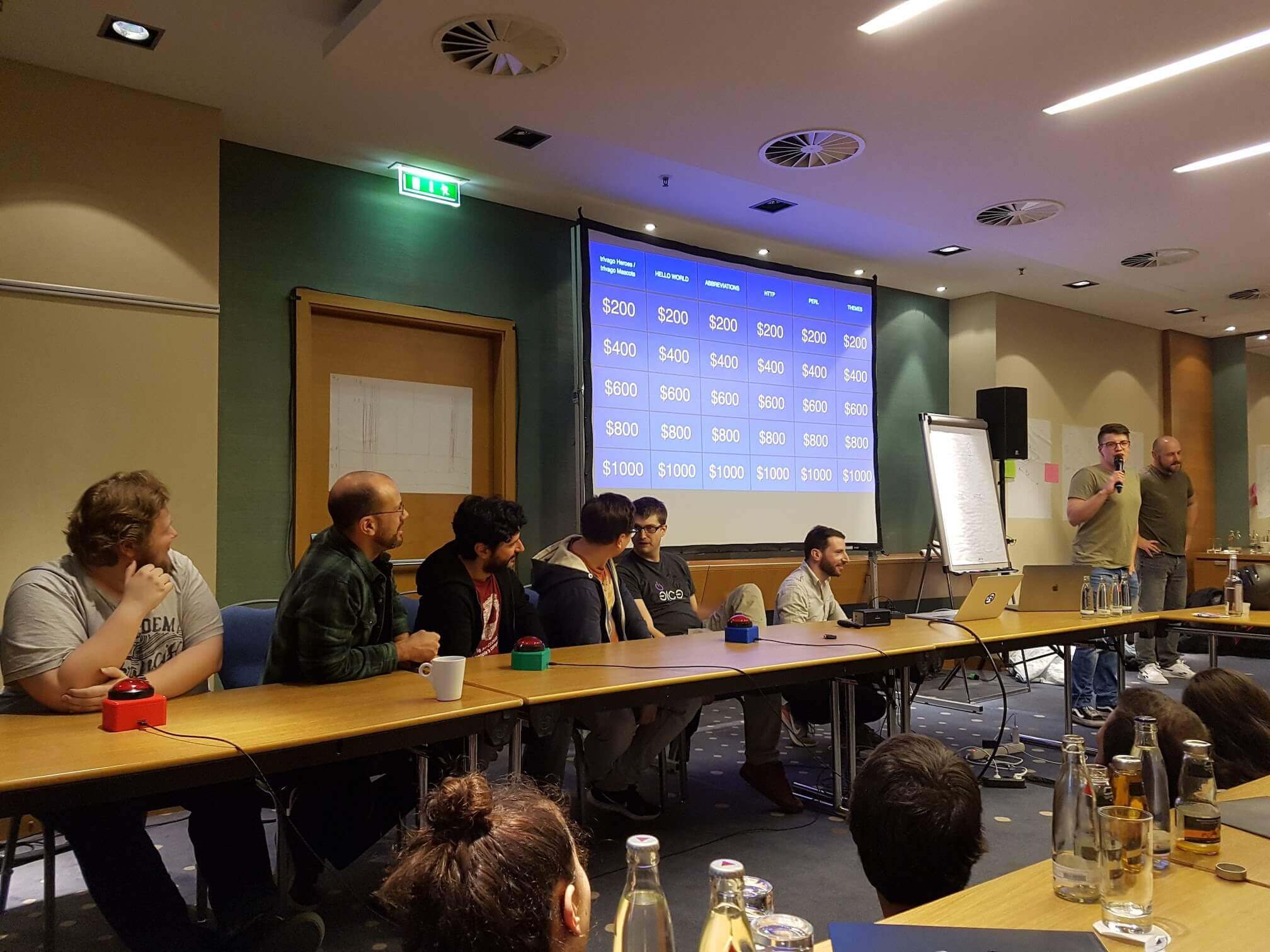 Playing a Jeopardy! game at trivago's internal tech conference on the 19th of March 2019 with our self-made game show buzzers.